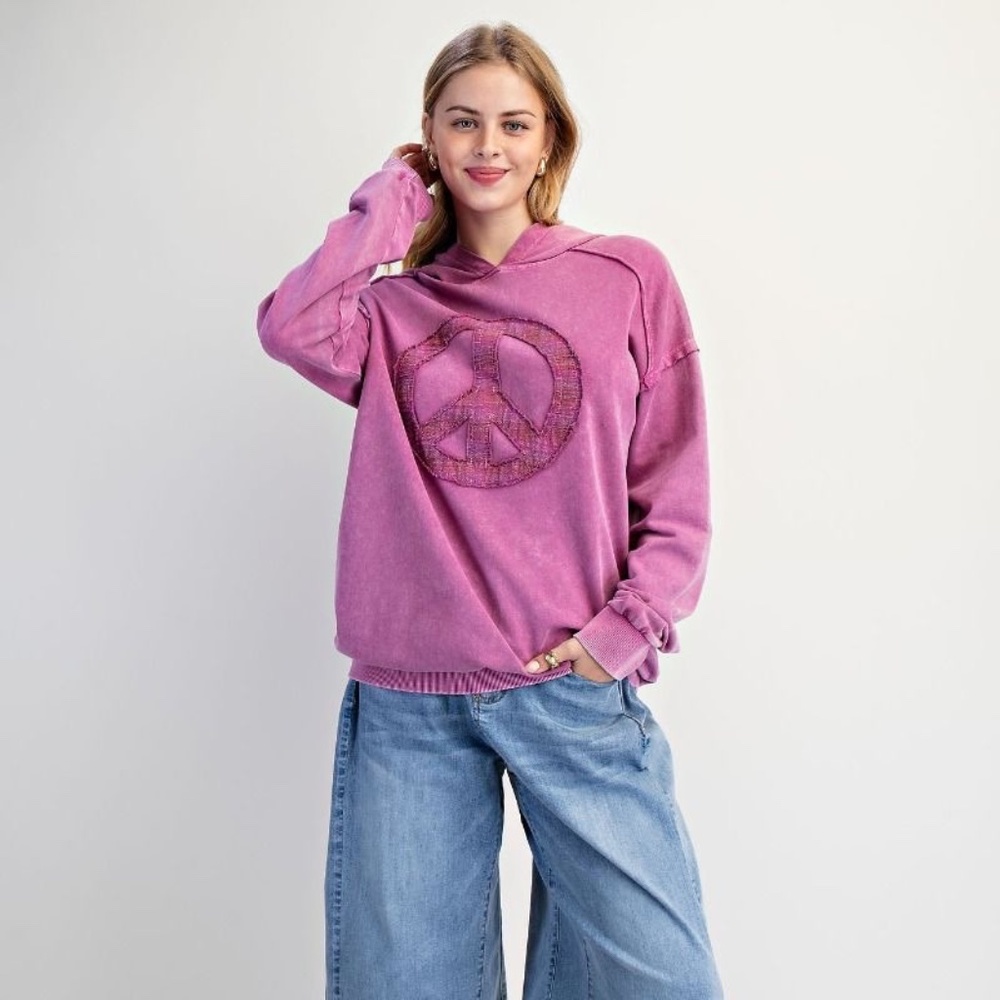 NEW EASEL CLOTHING WASHED TERRY KNIT PULLOVER PEACE HOODIE Purple SWEATSHIRT - Picture 2 of 10